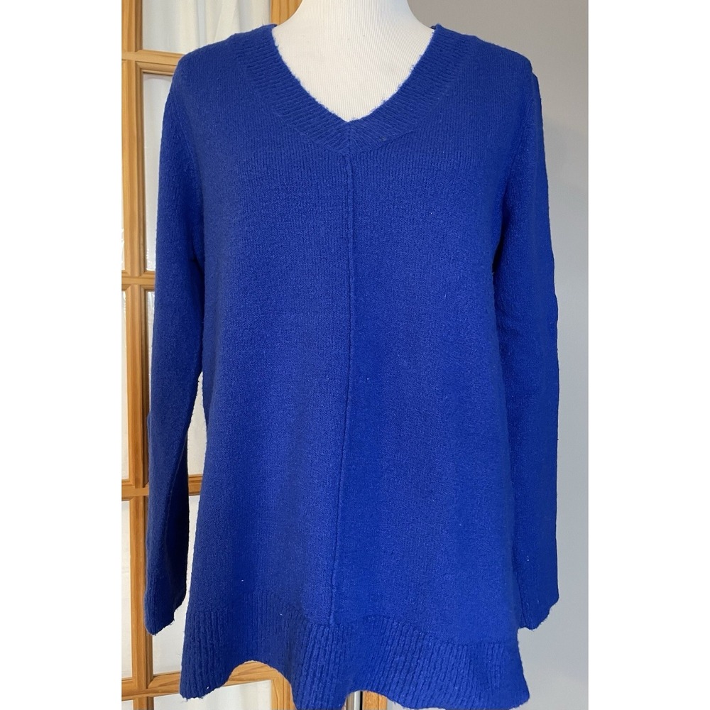 Cable & Gauze Women's Pullover Sweater L Royal Blue Knit Long Sleeves Side Slits